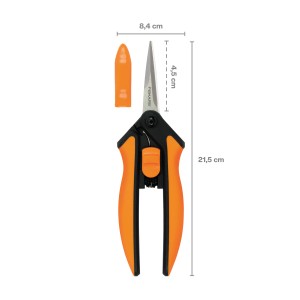 Forbici da giardino Fiskars Microtip SP130 con manici arancioni e cappuccio protettivo.