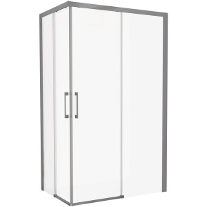 Box doccia angolare con porta scorrevole e telaio grigio.