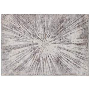 Tappeto moderno con motivo astratto a stella nei toni del grigio e beige.