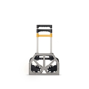 Carrello piegato per attrezzature edili, grigio e nero.