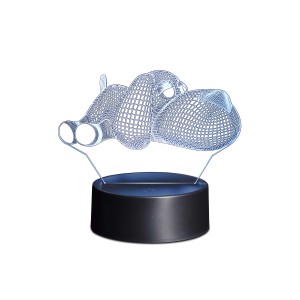 Lampada da tavolo di design t.b.t. con motivo ippopotamo, effetto griglia metallica e base nera.