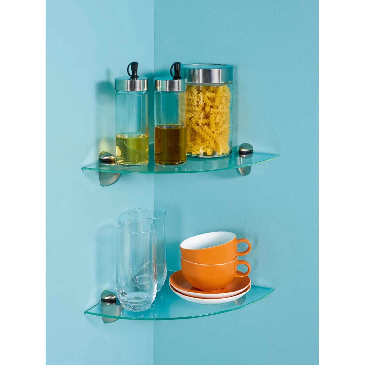 Mensola angolare Villar con vetro, 25x25 cm, aspetto trasparente. Ideale per cucina e bagno.