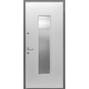 Porta blindata bianca con oblò stretto e allungato.
