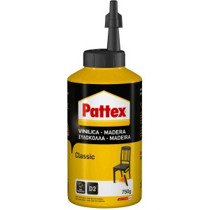 Flacone giallo di colla per legno Pattex Classic, 750g, con applicatore nero.