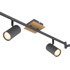 Binario LED t.b.t. grigio con due faretti e accento in legno.