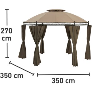 Gazebo Braga marrone, Ø 350 cm, con pannelli laterali e doppio tetto. Ideale per giardino e terrazza.