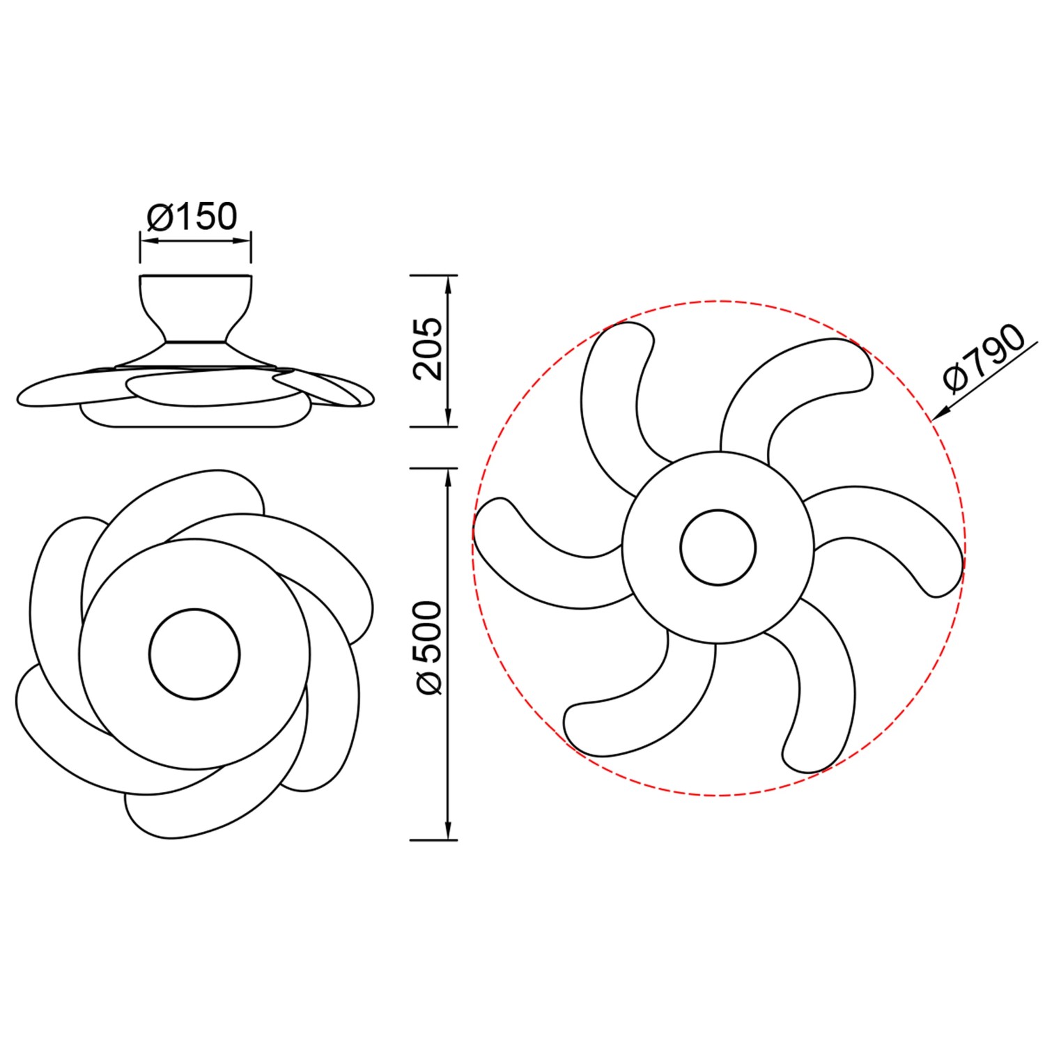 Disegno tecnico di un ventilatore con dimensioni.