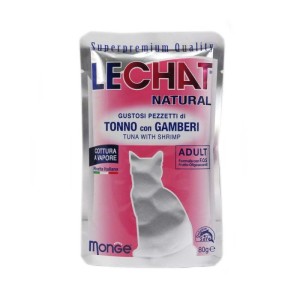 Cibo umido per gatti Lechat Buste Natural tonno e gamberi 80 gr