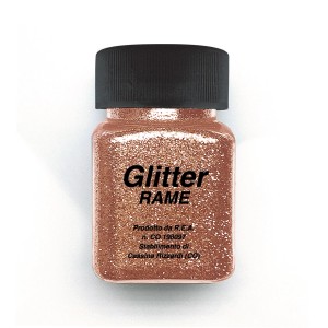 Glitter effetto t.b.t. color rame in piccolo contenitore con coperchio nero.