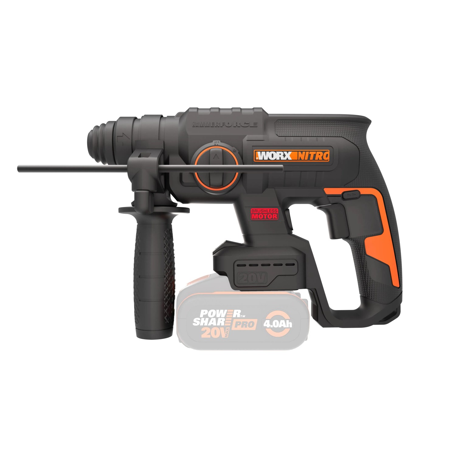 Trapano a percussione Worx WX381.9 a batteria, 20V PowerShare, SDS+, con impugnatura ausiliaria. Ideale per forare e scalpellare.