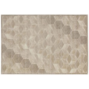 Tappeto moderno con motivo a cubi 3D in beige e effetto legno.