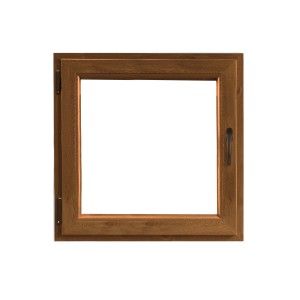 Finestra in PVC marrone, vista dettagliata. Ideale per nuove costruzioni e ristrutturazioni.