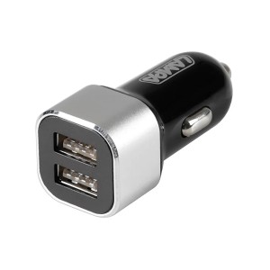 Adattatore di ricarica USB nero per interni auto, 2 porte.