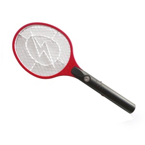 Racchetta elettrica antizanzare con cornice rossa e simbolo del fulmine nella rete.