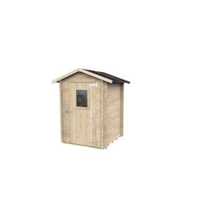 Casetta da giardino in legno Argenta 146x146 cm, abete chiaro, con porta, finestra e tetto scuro.