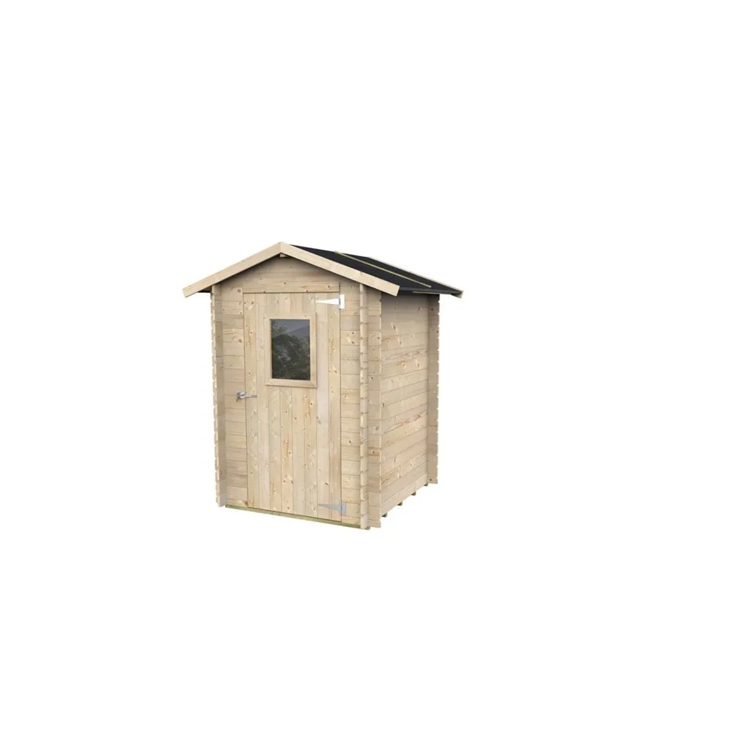 Casetta da giardino in legno Argenta 146x146 cm, abete chiaro, con porta, finestra e tetto scuro.