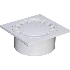 Scarico quadrato bianco con inserto a griglia rotonda per esterni.