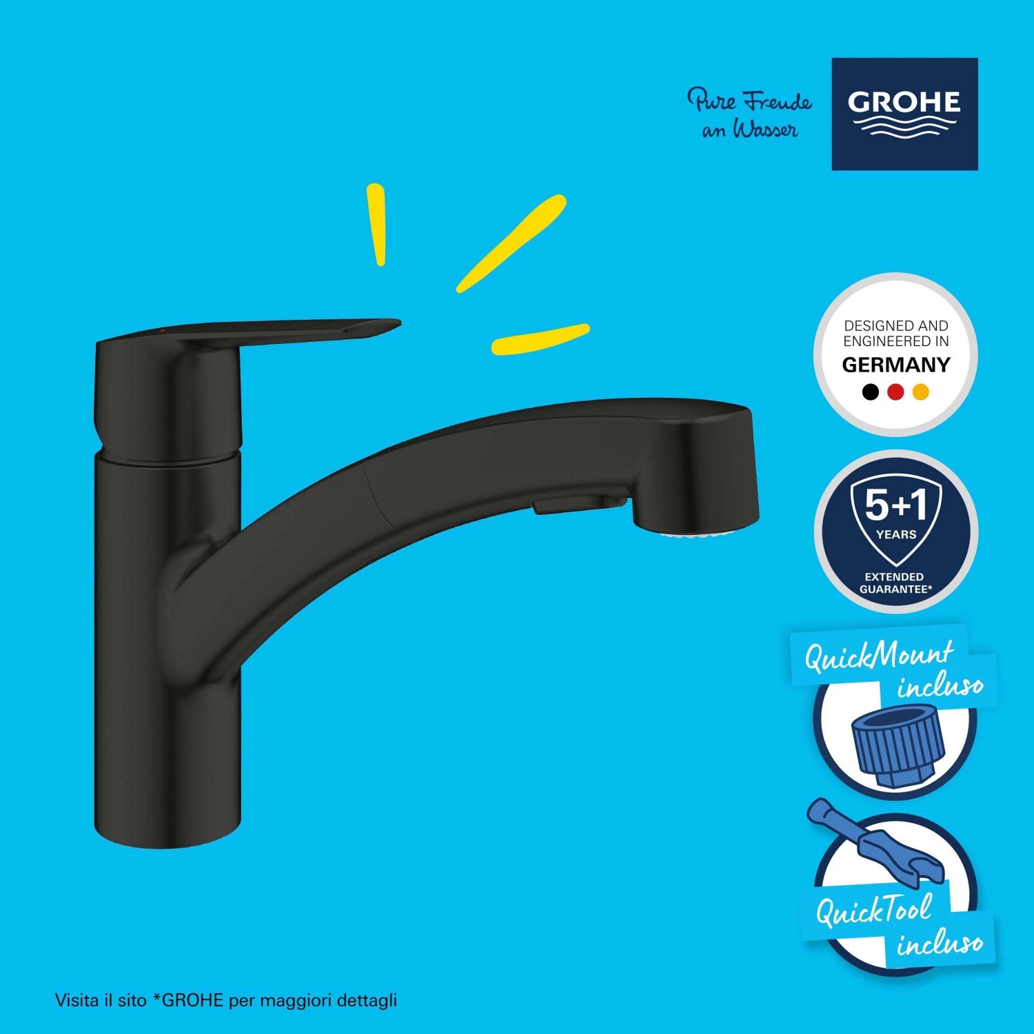 Miscelatore monocomando per lavello Grohe QuickFix Start nero con doccetta estraibile.