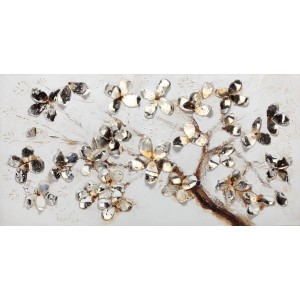 Quadri decorativo con albero e fiori in argento e oro.