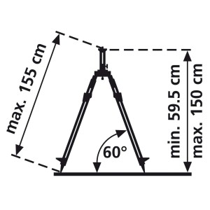 Disegno tecnico di un treppiede t.b.t. con dimensioni per strumenti di misura.