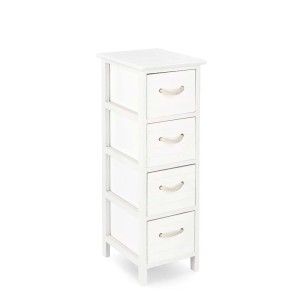 Cassettiera stretta bianca con 4 cassetti e maniglie in corda.