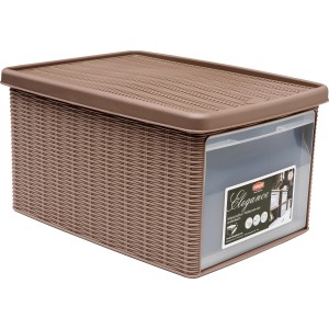 Contenitore marrone con coperchio effetto rattan.