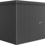 Casetta da giardino Biohort Neo 3D in grigio scuro metallizzato con porta standard e finestra.