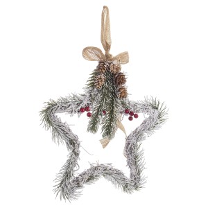 Ghirlanda natalizia a forma di stella con pigne e bacche rosse.