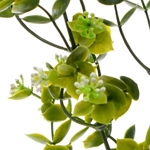 Dettaglio di una pianta artificiale con foglie verdi e piccoli fiori bianchi.