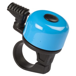 Campanello per bicicletta blu e nero per montaggio sul manubrio.