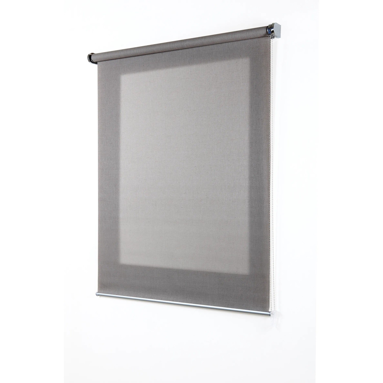 Tenda a rullo t.b.t. grigia, chiusa, per finestre. Privacy e oscuramento.