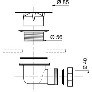 Disegno tecnico di un sifone doccia con dimensioni.