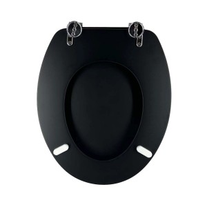 Sedile WC nero t.b.t. con cerniere cromate, vista dall'alto.