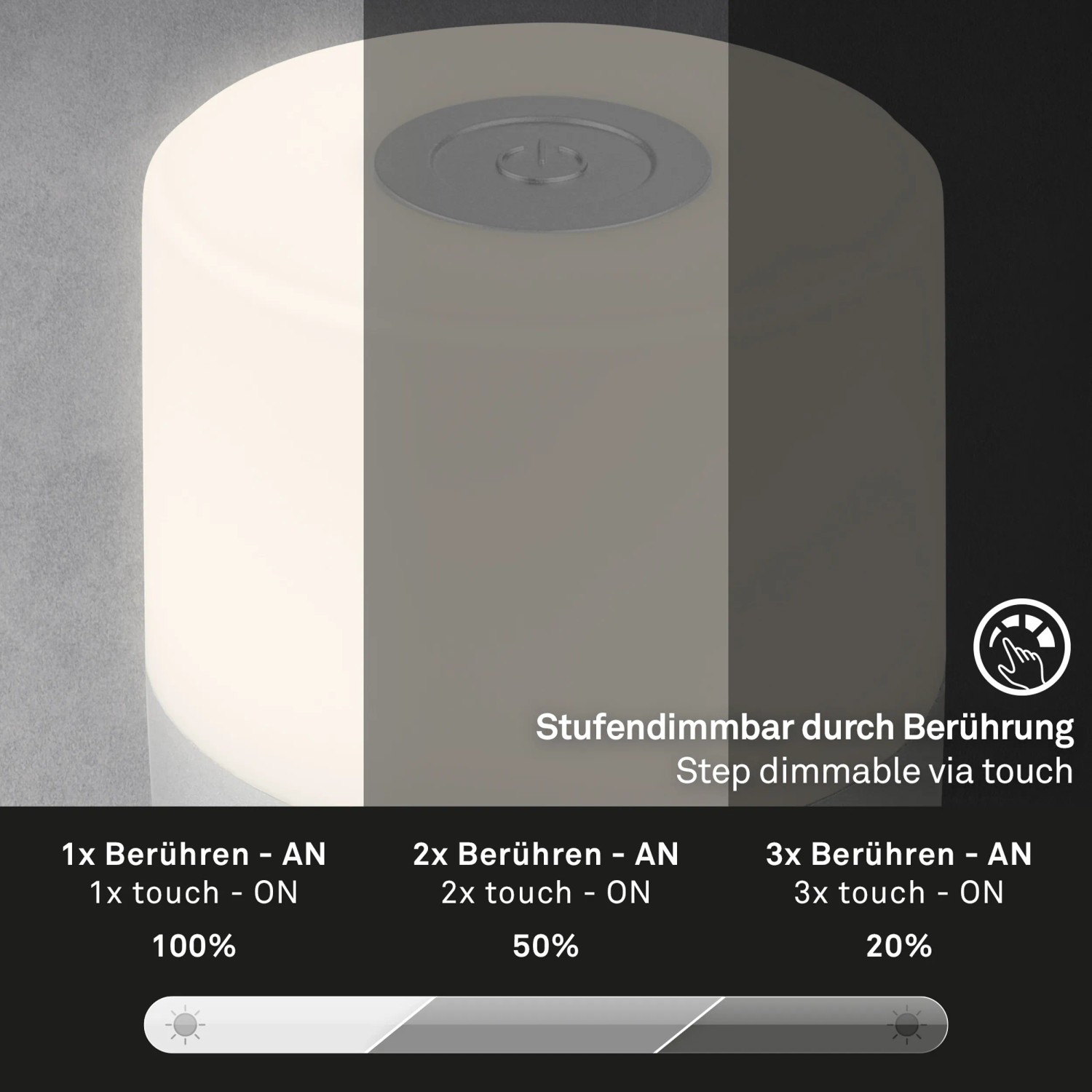 Lampada da tavolo a batteria Brilo Smal cromata opaca, dimmerabile al tocco, diversi livelli di luminosità.