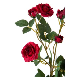 Rosa artificiale rossa decorativa con foglie verdi, pianta finta.