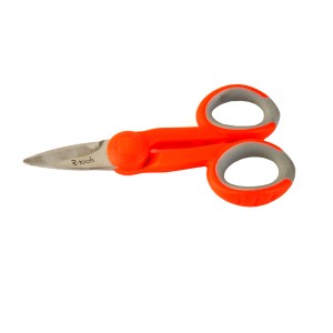 Forbici da elettricista arancioni con manico grigio. Utensile per installazioni elettriche.