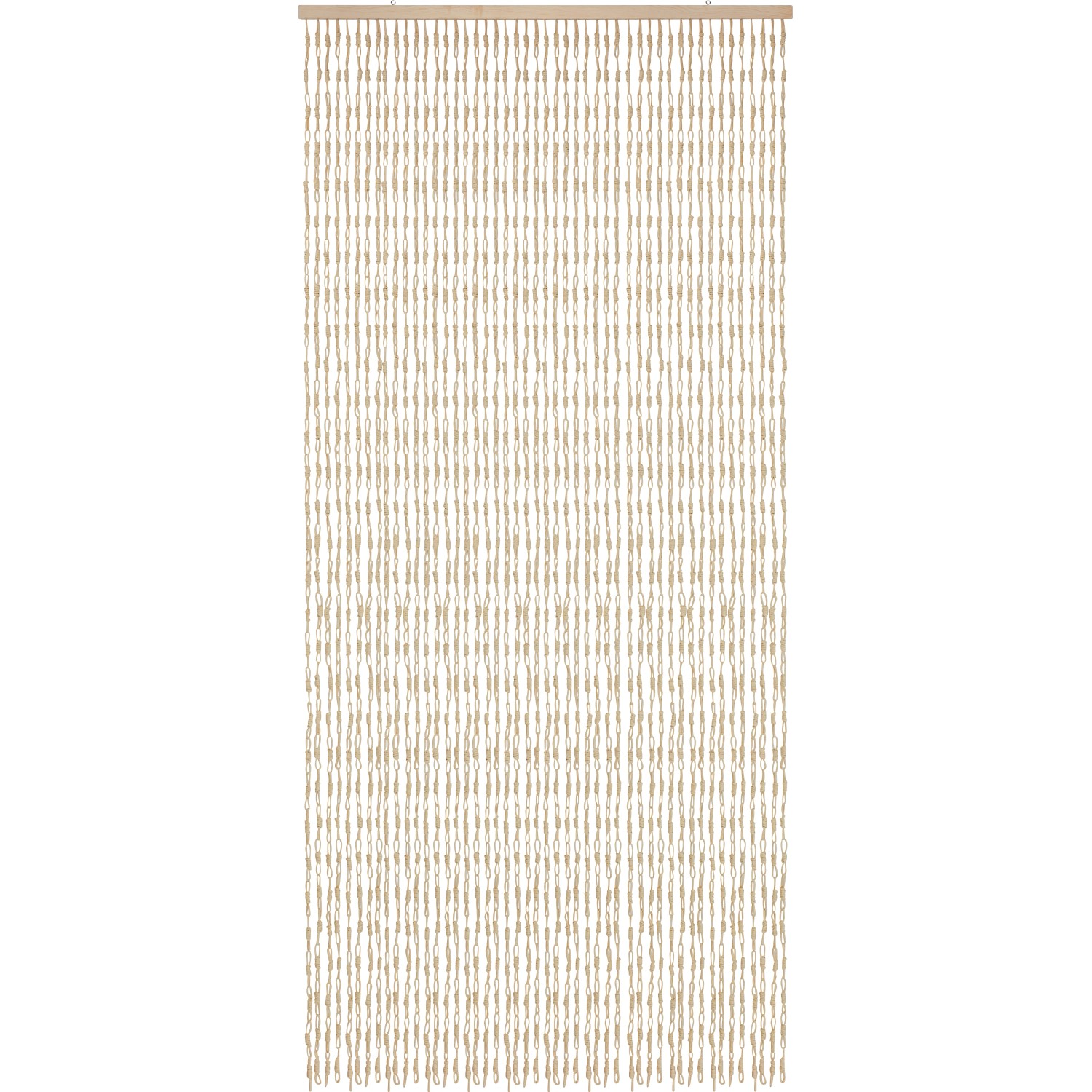 Tenda per porta beige composta da tanti piccoli elementi.