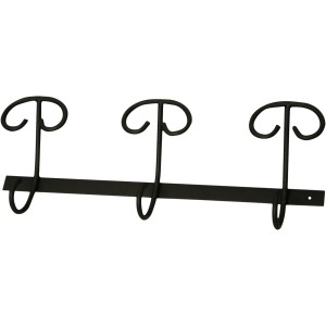 Appendiabiti da parete nero con tre ganci per giacche e cappotti.