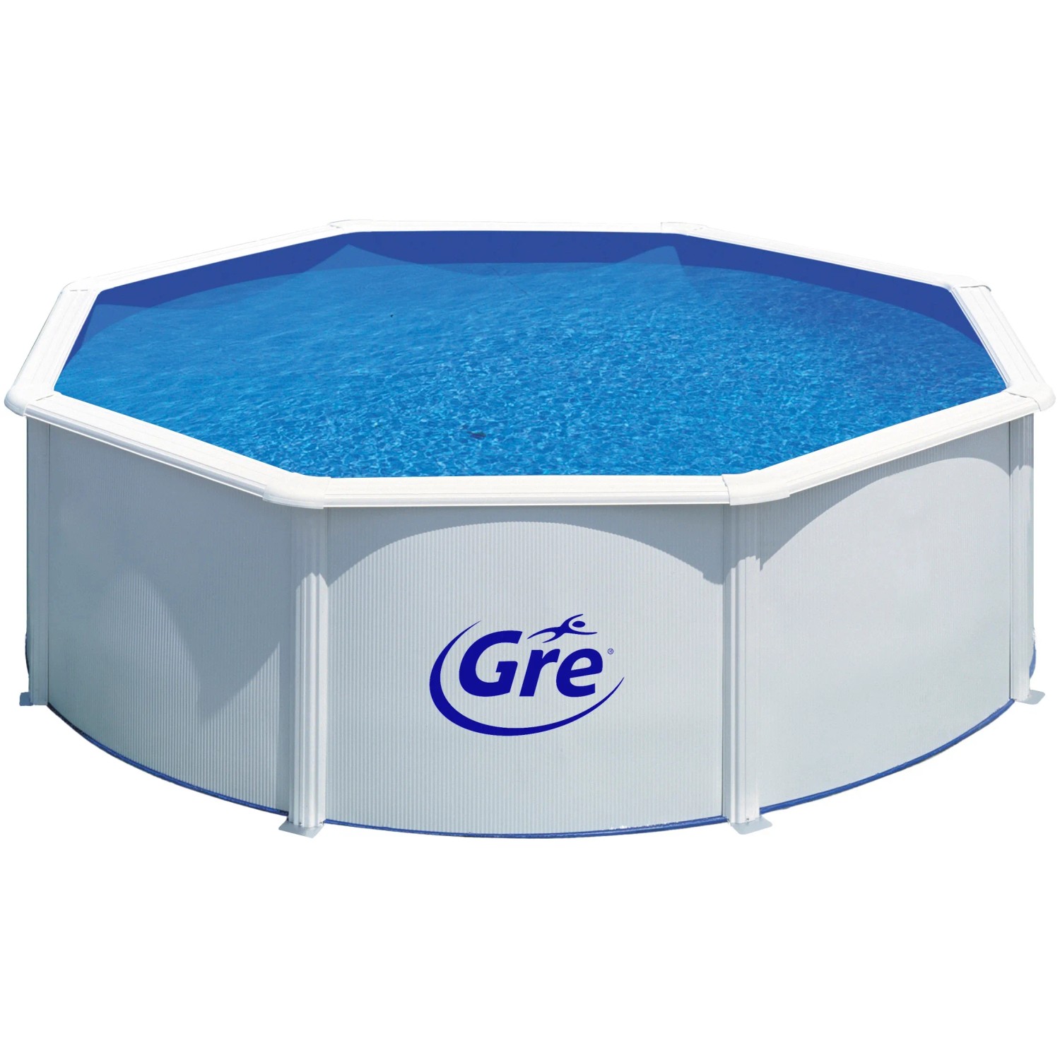 Piscina Gre Fidji con pareti in acciaio bianco, Ø 350 cm, riempita con acqua blu.