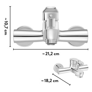Miscelatore per vasca da bagno baliv WA-5060 cromato con dimensioni, vista dall'alto e laterale.