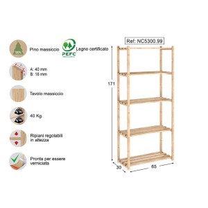 Scaffale t.b.t. in legno chiaro con cinque ripiani e dimensioni.