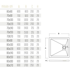 Disegno tecnico di un piatto doccia t.b.t. con dimensioni.