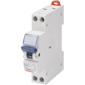 t.b.t. Interruttore magnetotermico, bianco con interruttore blu e leva rossa.