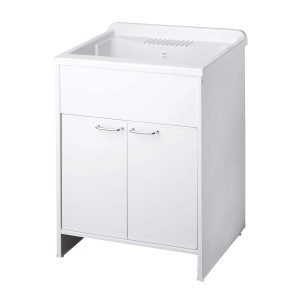 Mobile lavatoio bianco con due ante per lavanderia o bagno.