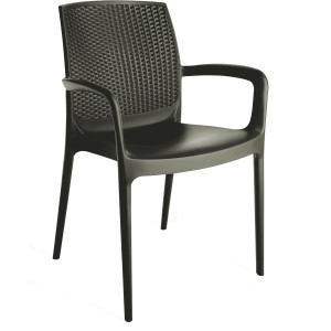 Sedia da giardino t.b.t. nera in plastica con braccioli e schienale intrecciato.
