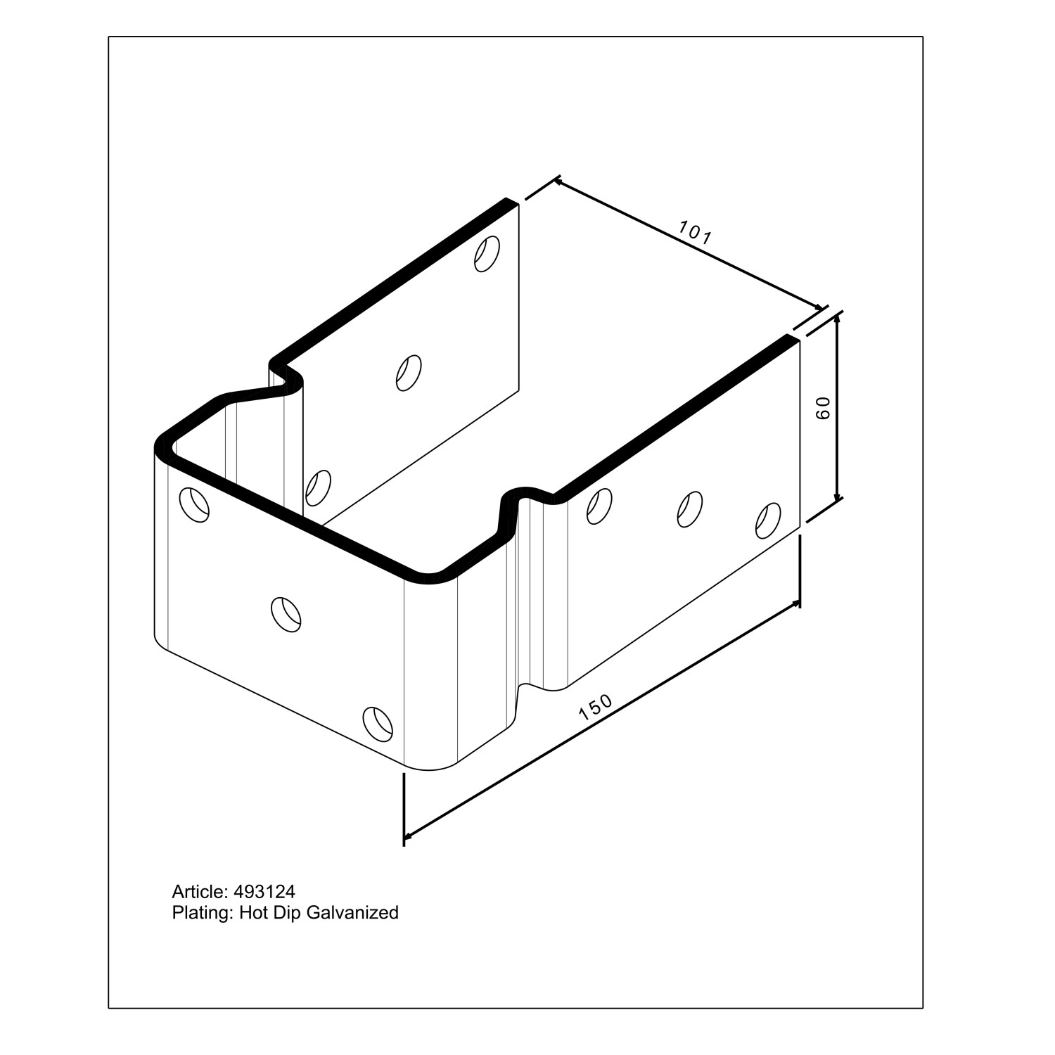 Supporto per montante a U da avvitare, 101x160x60 mm, zincato a caldo, per pali da 100 mm.
