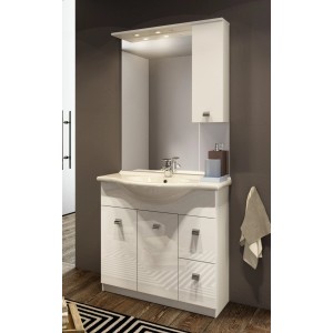 Mobile bagno bianco con specchio e pensile.