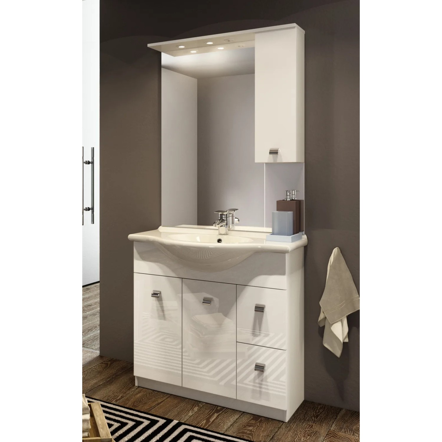 Mobile bagno bianco con specchio e pensile.