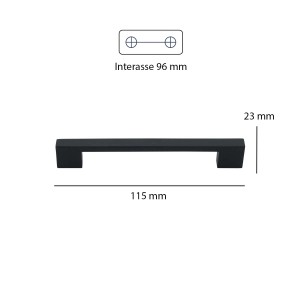 Maniglia per mobili nera con dimensioni per il montaggio, interasse 96 mm.