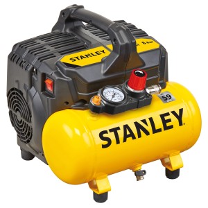 Compressore Stanley giallo, portatile con maniglia e manometro.